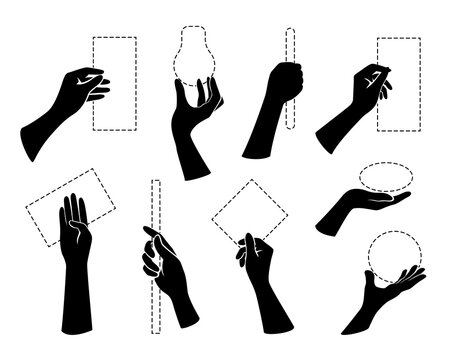Hands holding objects. Arm pose collection. Vector design elements. Isolated silhouettes.