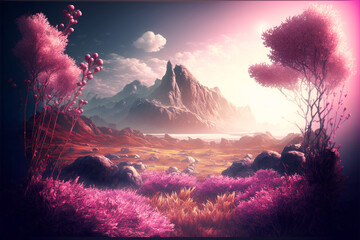 Beautiful spring landscape with pink colored tree and plants - Generative AI