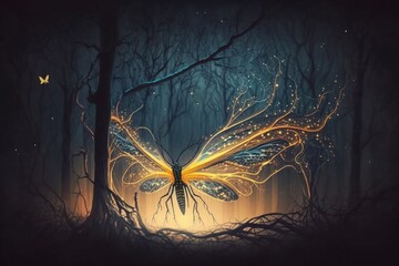 Wall Mural - Firefly flying in the night woodland in an ethereal, abstract image. Fairy tale idea. Generative AI