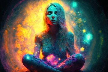 Wall Mural - Young Woman in Deep Sitting Meditation in front of an Energy Vortex Gateway Portal to another Dimension or Galaxy. Colourful Illustration showing the Inner Journey to Enlightenment - Ai Artwork 