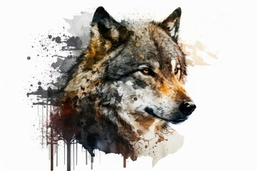 Wall Mural - Double exposure of the wolf's face on a white background. Generative AI