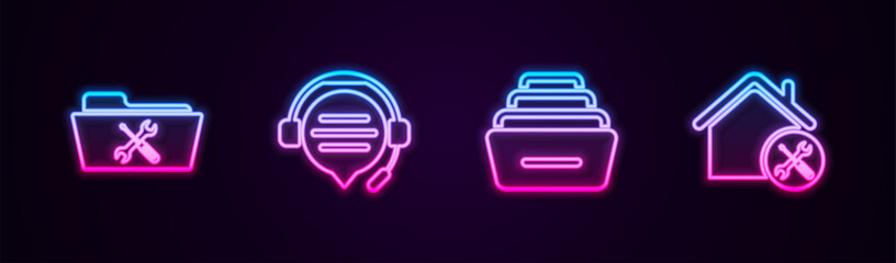 Wall Mural - Set line Folder service, Headphones with speech bubble chat, Drawer documents and House. Glowing neon icon. Vector