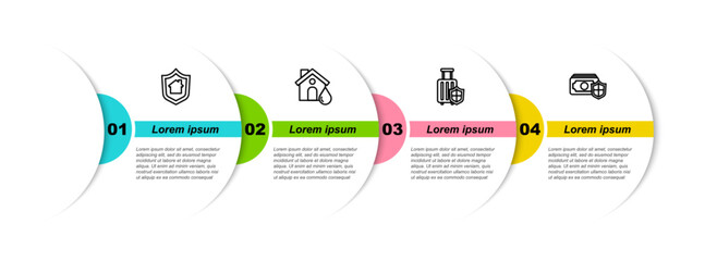 Sticker - Set line House with shield, flood, Travel suitcase and Money. Business infographic template. Vector