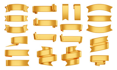 golden ribbon banner 3d render - set of gold glossy text box for sale or discount promotion sign.