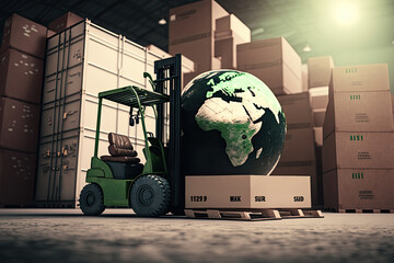 Forklift maneuvering boxes in a modern warehouse with a glowing green earth globe in the background, generative ai