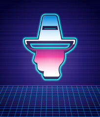 Poster - Retro style Mexican man wearing sombrero icon isolated futuristic landscape background. Hispanic man with a mustache. 80s fashion party. Vector