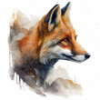 fox head , animal, watercolor illustration isolated on white background, generative ai.