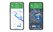 © Rick Cranches - GPS map navigation ux ui concept, smartphone screen map app destination, app search map navigation, dark and light navigation map themes, city navigation maps, delivery driver, street, location vector