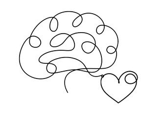 Wall Mural - Abstract heart with brain as continuous line drawing on white background