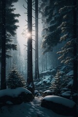 Wall Mural - Dark forest scene in winter day. Generative AI.