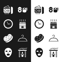 Canvas Print - Set Hot sauna stones, Sauna clock, Cream or lotion cosmetic tube, Toilet paper roll, Bath sponge, Hanger wardrobe, Aroma candle and Facial mask icon. Vector