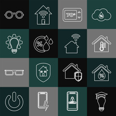 Sticker - Set line Light bulb and graduation cap, House humidity, temperature, Thermostat, Humidity, gear, Glasses and Smart home with wi-fi icon. Vector