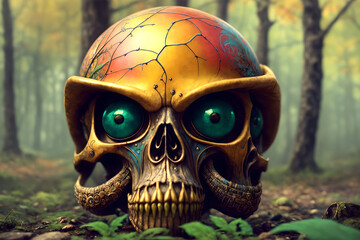 Wall Mural - Scary painted goblin skull still life in the forest, AI generated