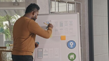 Wall Mural - Medium long shot of Indian UX designer working with mobile app mockup sketches and sticky notes flipchart in office