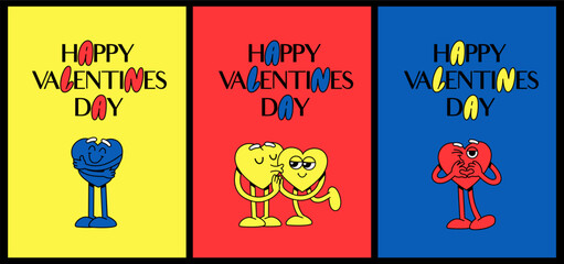 Leinwandbilder - Set of Colorful Cute Retro Posters for Valentines Day. Vector Characters in Groovy Retro Style. Illustration with Hearts, Love and Modern Typography in Trendy Psychedelic Style