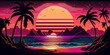Retro futuristic synthwave style sunset at the beach colorful background with super moon behind it, generated with AI. Suitable for background design, wallpaper, futuristic website, poster, banner.