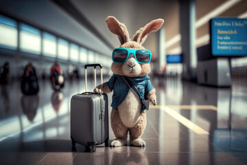 Easter bunny man traveling with suitcase. Funny Easter holidays. Generative AI