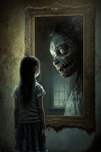 Little Girl Sees Scary Monster In The Mirror. Concept Art. Generative AI.