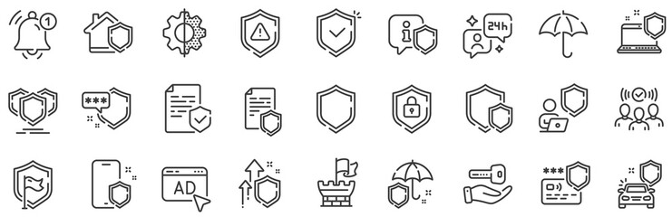 Wall Mural - Car insurance, Secure shield and Safe umbrella. Defense line icons. Safety risk, Computer security and Defense privacy icons. Secure online information, Tower castle and protect shield. Vector