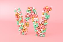 Letter W Made Of Glass Balls, Pastel Pearls, Crystal Jewels And Gold.