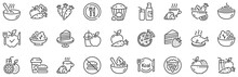 Vegatable Dish, Poke Bowl Food And Healthy Salad Set. Meal Line Icons. Pizza, Pasta Spaghetti Bowl And Burger Line Icons. Breakfast Meal, Vegetable Salad And Fish. Apple And Carrot Fresh Juice. Vector