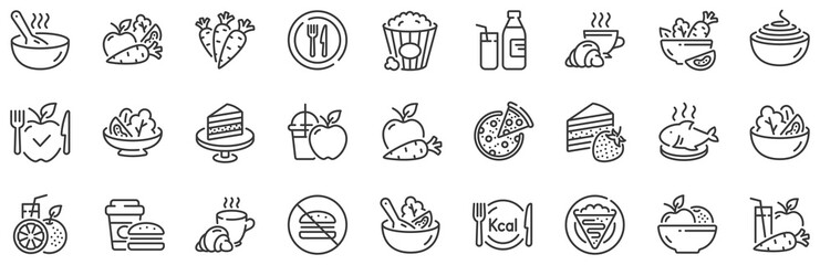 vegatable dish, poke bowl food and healthy salad set. meal line icons. pizza, pasta spaghetti bowl a