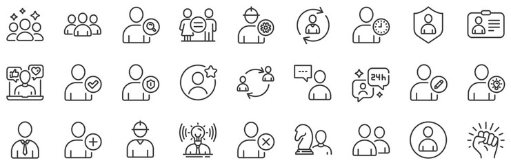 Wall Mural - Profile, Group of people and Support signs. Users line icons. ID card, Teamwork people and Businessman user symbols. Person talk, Engineer profile and Human Management. Job support. Vector