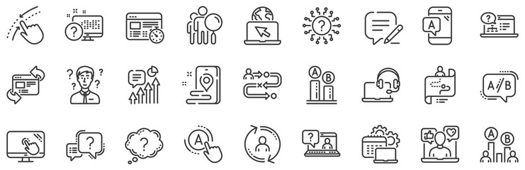 set of ab testing, journey path map and question mark icons. ux line icons. usability quiz test, ux 