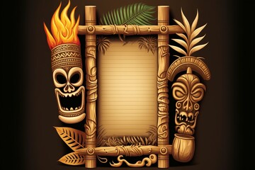 cartoon illustration, bamboo frame with ancient mask, ai generative