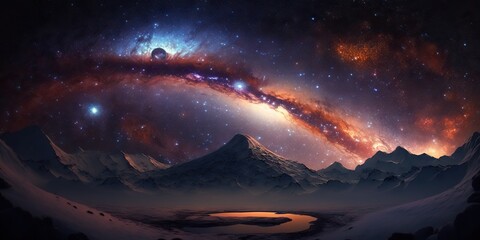 Fantasy landscape with stars and milky way on the sky. Generative AI
