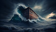 Noah's Ark vessel in the Genesis flood. The ship is cutting through the waves. Generative AI