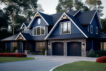 luxurious new construction home, modern style home two car garage, blue siding natural stone wall, g