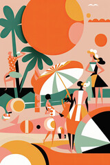 A day at the beach summer holidays with people on the beach, as a postcard or poster, generative ai illustration in orange soft tones colors