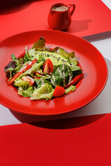 Wall Mural - Fresh vegan green salad with avocado, tomatoes , red bell peper and nut sauce in red color boul at red and white background with sunlight and shadows, minimalism