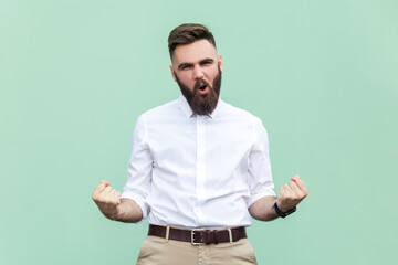 Portrait of excited bearded businessman wearing white shirt standing with clenched fists and screaming loud, celebrating victory and success. Indoor studio shot isolated on light green background.