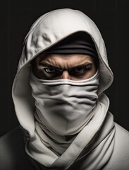 Ninja Portrait-Man in white ninja warrior clothing-black background