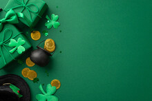 Saint Patrick's Day Concept. Top View Photo Of Leprechaun Cap Present Boxes Pot With Gold Coins Bow-tie Shamrocks And Confetti On Isolated Green Background With Blank Space