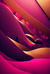 Wall Mural - Gold and magenta wavy shapes abstract background. Decorative vertical illustration with metalic texture. Shiny material Gold and magenta wavy shapes pattern.