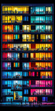 Fototapeta Londyn - Appartmenthaus Bürohaus Abstrakt Surreal Frontalansicht Vertikal bei Nacht Generative AI Digital Art Illustration Kunst Hintergrund Background Cover Kunst