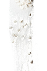 Wall Mural - Pure Refined Sugar cube flying explosion, white crystal sugar abstract cloud fly. Pure refined sugar cubes splash stop in air, food object design. white background isolated high speed freeze motion