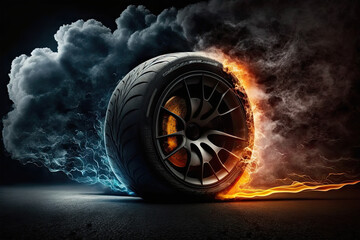 Canvas Print - Car tires with a great profile on illuminates asphalt, smoke, wheel, car, tire, isolated, auto, tyre, black, rubber, automobile, vehicle, transportation, white, transport, object, icon, illustration, 