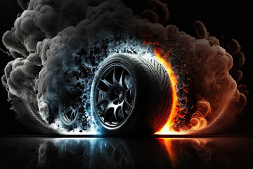 Canvas Print - Car tires with a great profile on illuminates asphalt, smoke, wheel, car, tire, isolated, auto, tyre, black, rubber, automobile, vehicle, transportation, white, transport, object, icon, illustration, 