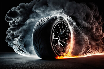 Canvas Print - Car tires with a great profile on illuminates asphalt, smoke, wheel, car, tire, isolated, auto, tyre, black, rubber, automobile, vehicle, transportation, white, transport, object, icon, illustration, 
