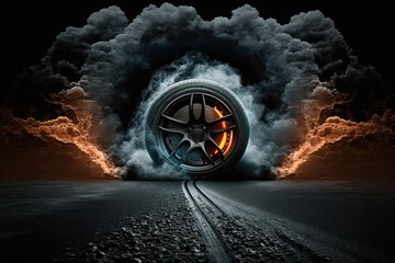 Canvas Print - Car tires with a great profile on illuminates asphalt, smoke, wheel, car, tire, isolated, auto, tyre, black, rubber, automobile, vehicle, transportation, white, transport, object, icon, illustration, 