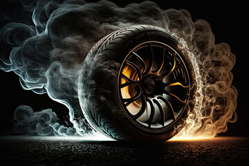 Canvas Print - Car tires with a great profile on illuminates asphalt, smoke, wheel, car, tire, isolated, auto, tyre, black, rubber, automobile, vehicle, transportation, white, transport, object, icon, illustration, 