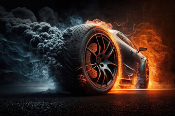 Canvas Print - Car tires with a great profile on illuminates asphalt, smoke, wheel, car, tire, isolated, auto, tyre, black, rubber, automobile, vehicle, transportation, white, transport, object, icon, illustration, 