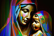 Virgin Mary holding baby Jesus, abstract art depicting Gods miracle of the immaculate conception, generative ai