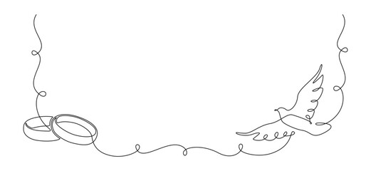 Fototapete - One continuous line drawing of Wedding rings and white dove. Romantic invitation design and symbol engagement and love marriage in simple linear style. Editable stroke. Outline vector illustration