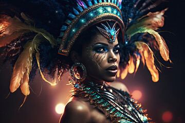 Wall Mural - Carnival Mardi Gras dancer with costume of bright beads and feathers created with Generative AI technology