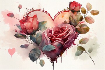 watercolor sketch of heart covered in roses. beautiful card for valentines day or wedding invitation. generative ai.